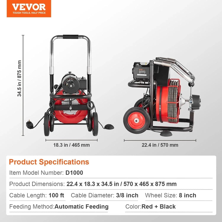 Drain Cleaner Machine 100FT X 1/2 Inch, Auto Feed Sewer Snake Auger on Wheels, 550W Portable Drain Cleaning Machine