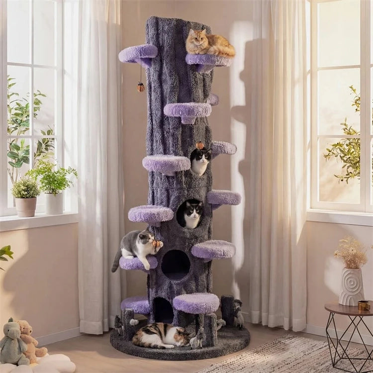 90.5" Tall Simulation Cat Tree, Modern Realistic Multi-Level Cat Tower w/5 Condos & Sisal Scratch Pad, Large Lifelike Indoor Cat Tree