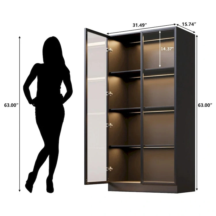 Display Storage Cabinet, Display Cabinet with Tempered Glass Doors, Showcase with 4-Tier Storage Shelves