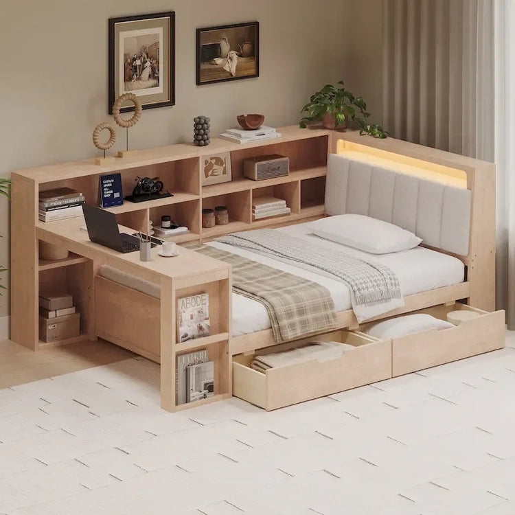 L-Shaped Wooden Sofa Daybed with Desk, Bookcase Cabinet, Corner Bed with Under-Bed Drawers, Upholstered Headboard Built-in Light