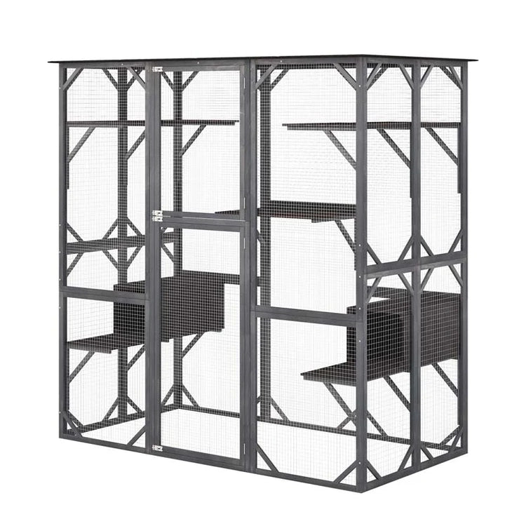 71" Tall Large Cat House Outdoor Catio Kitty Enclosure, Walk-in Cat Kennel Condo, Wooden Cat Cage Playpen with 7 Platforms