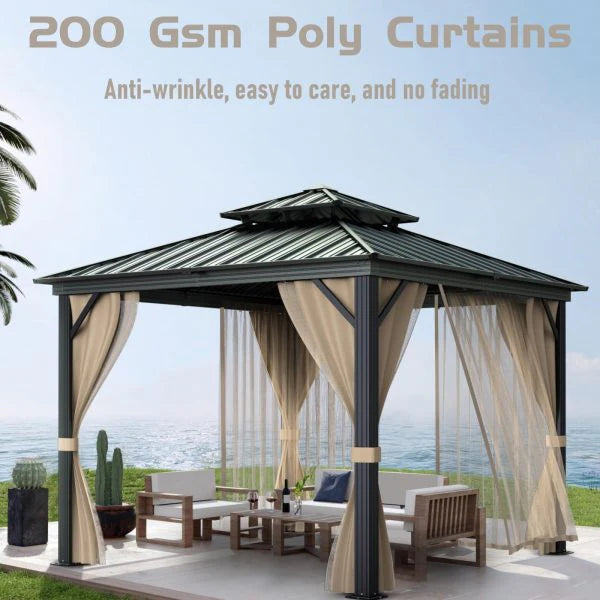 10x10 Hardtop Gazebo with Double Metal Roof, Aluminum Frame, Net, and Curtain. All-Weather, Ideal for Patio, Deck, Garden, Backyard. Khaki