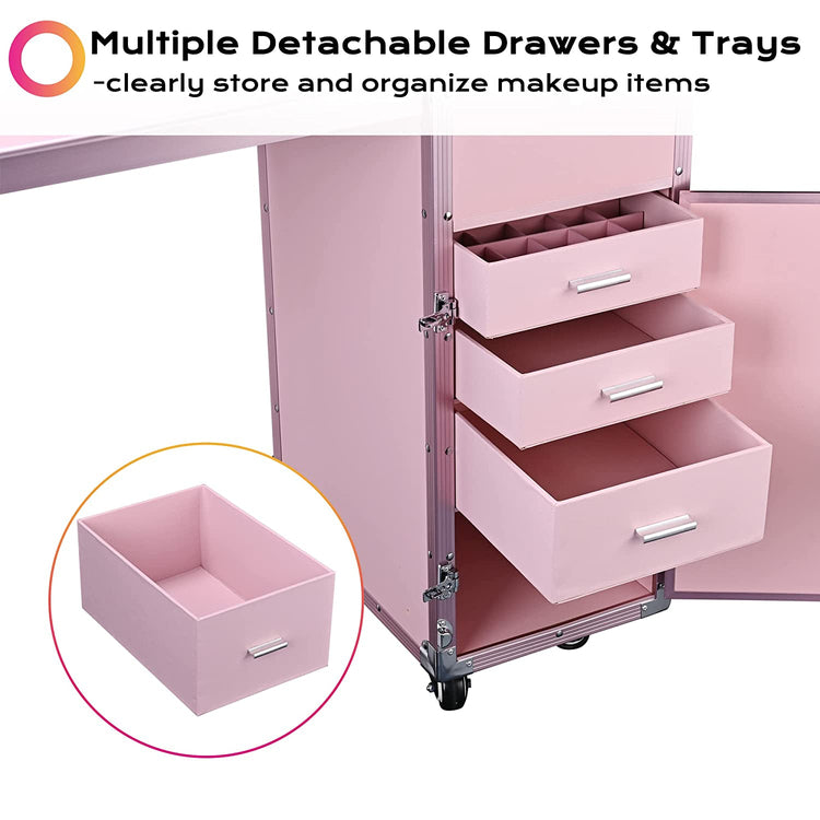 Byootique Nail Desk Mobile Station Rolling Makeup Train Case Trolley Cosmetic Manicure Table Mirror 4 Drawers Pink