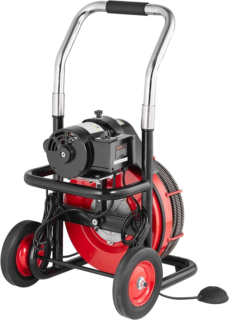 Drain Cleaner Machine 100FT X 1/2 Inch, Auto Feed Sewer Snake Auger on Wheels, 550W Portable Drain Cleaning Machine