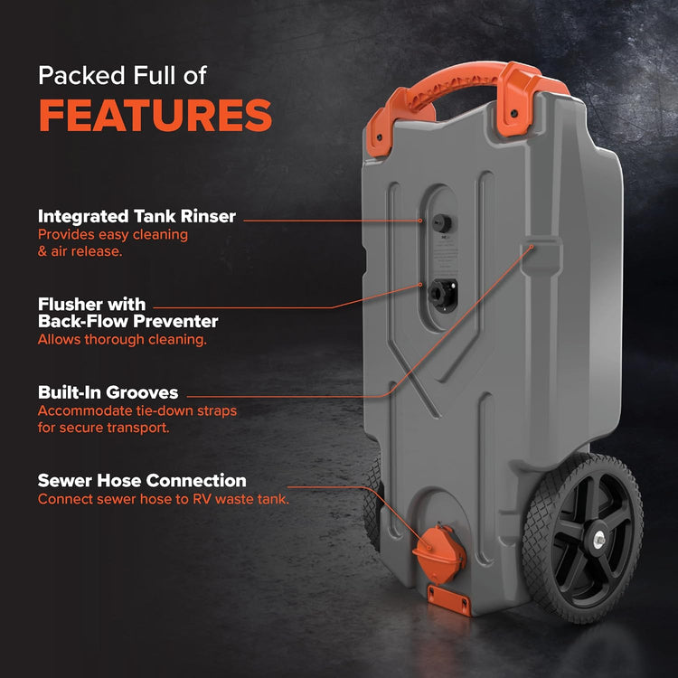 36-Gallon Portable Camper/RV Tote Tank - Features Large Heavy-Duty No-Flat Wheels & Built-in Gate Valve - Removable Steel Tow Adapter