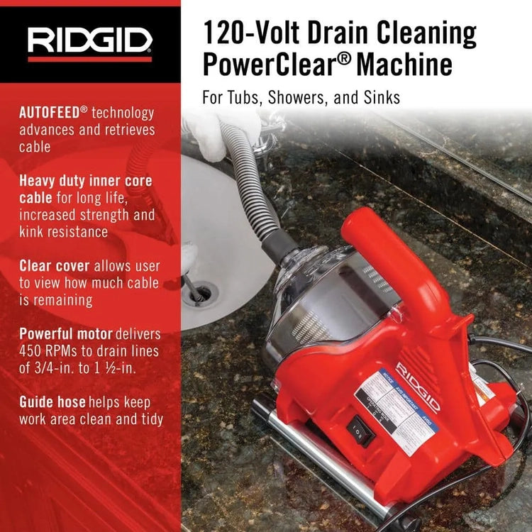 Ridgid Powerclear 120-Volt Drain Cleaning Snake Auger Machine for Heavy Duty Pipe Cleaning for Tubs, Showers, and Sinks 55808