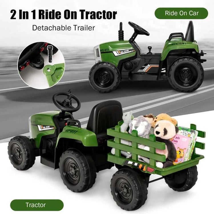 Kids Ride on Tractor W/Trailer 12V Battery Powered Electric Riding Toy Car Vehicle with 3-Gear-Shift Ground Loader