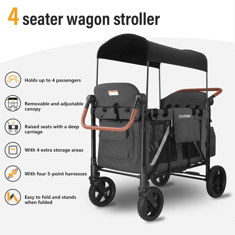All-Terrain 4 Seater Wagon Stroller for Kids - Heavy-Duty 300lb Capacity, One-Hand Fold Design, High Seats with 5-Point Harness