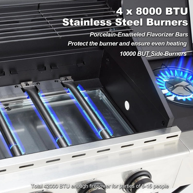 Upgraded 4 Burner BBQ Propane Gas Grill with Cast Iron Grates & Side Stove, 44,000 BTU Stainless Steel Burner Barbecue Grill for Patio, Camping