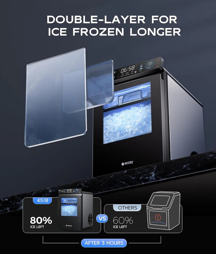 Nugget Ice Maker Countertop, Smart Pebble Ice Machine with App Control, 44 lbs/24H Soft Pellet Chewable Ice with Self-Cleaning, Stainless Steel