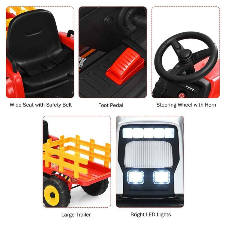 Kids Ride on Tractor W/Trailer 12V Battery Powered Electric Riding Toy Car Vehicle with 3-Gear-Shift Ground Loader