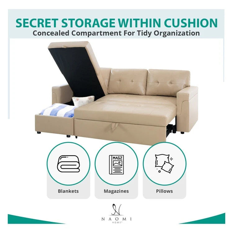 Reversible Sectional Sofa with Pull-Out Sleeper Bed, Hidden Storage Chaise, Durable Legs