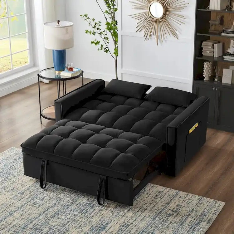 4 in1 Loveseat Sofa Bed with Armrests & Storage Pockets, Multi-Function Tufted Pull-Out Sofa Bed with Adjustable Backrest