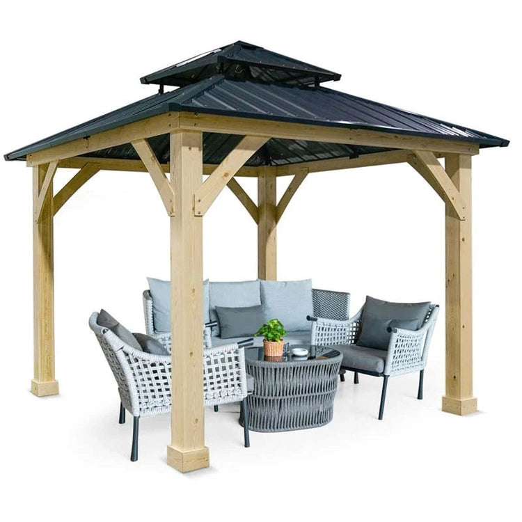 10 X Ft Outdoor Patio Hardtop Gazebo with Wood Frame & 2-Tier Metal Roof, All-Weather Gazebo Pergolas Shelter