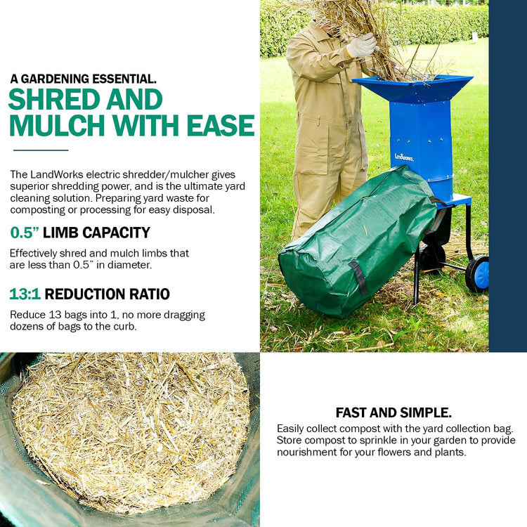 Landworks Leaf Mulcher Shredder Electric Green and Waste Management Heavy Duty 120V AC 11" Inch Cutting Blade .5" Inch Cutting Capacity for Leaves