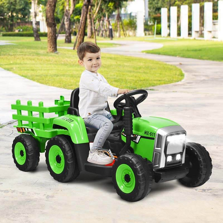 Kids Ride on Tractor W/Trailer 12V Battery Powered Electric Riding Toy Car Vehicle with 3-Gear-Shift Ground Loader