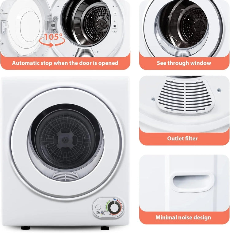 Compact Laundry Dryer, 3.5 Cu. Ft. Front Load Stainless Steel Clothes Dryers with Exhaust Pipe, 1500W
