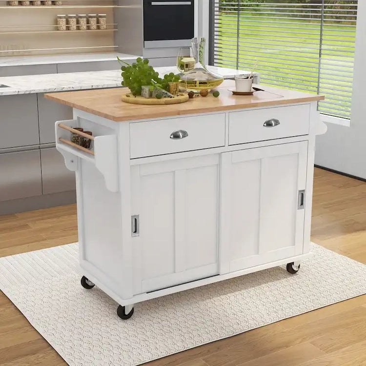 Kitchen Cart with Rubber Wood Drop-Leaf Countertop, Concealed Sliding Barn Door Adjustable Height, Kitchen Island on 4 Wheels