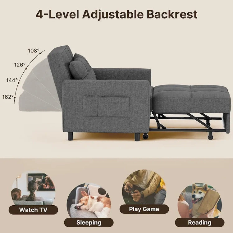 3-in-1 Pull-Out Sofa Bed Sleeper Chair, Convertible Adjustable Foldable Upholstered Lounge Couch