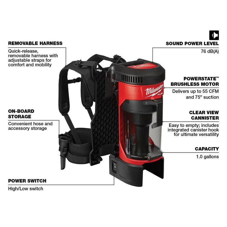 0885-20-48-11-1850 M18 Fuel 1 Gal. 18-Volt Lithium-Ion Brushless Cordless 3-in-1 Backpack Vacuum W/5.0Ah Battery