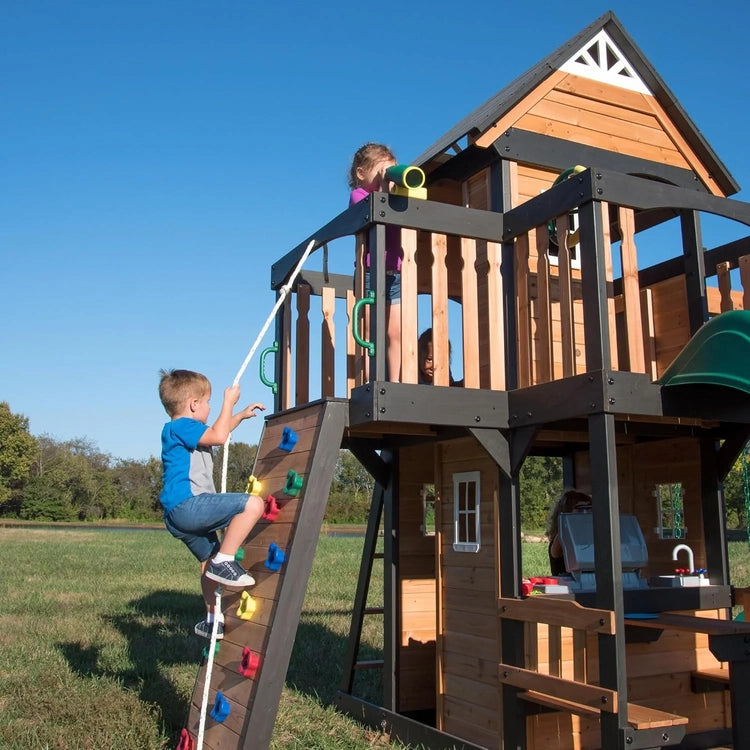 Canyon Creek Cedar Wood Swing Set with Wave Slide, Clubhouse, Play Kitchen, Picnic Area, Belt Swings, Web Swing, Rock Wall, Balconies, Playhouse