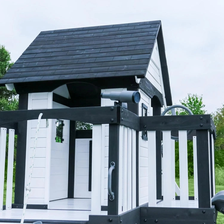 Backyard Discovery Canyon Creek Cedar Wood Swing Set with Wave Slide, Clubhouse, Play Kitchen, Picnic Area, Belt Swings, Web Swing, Rock Wall