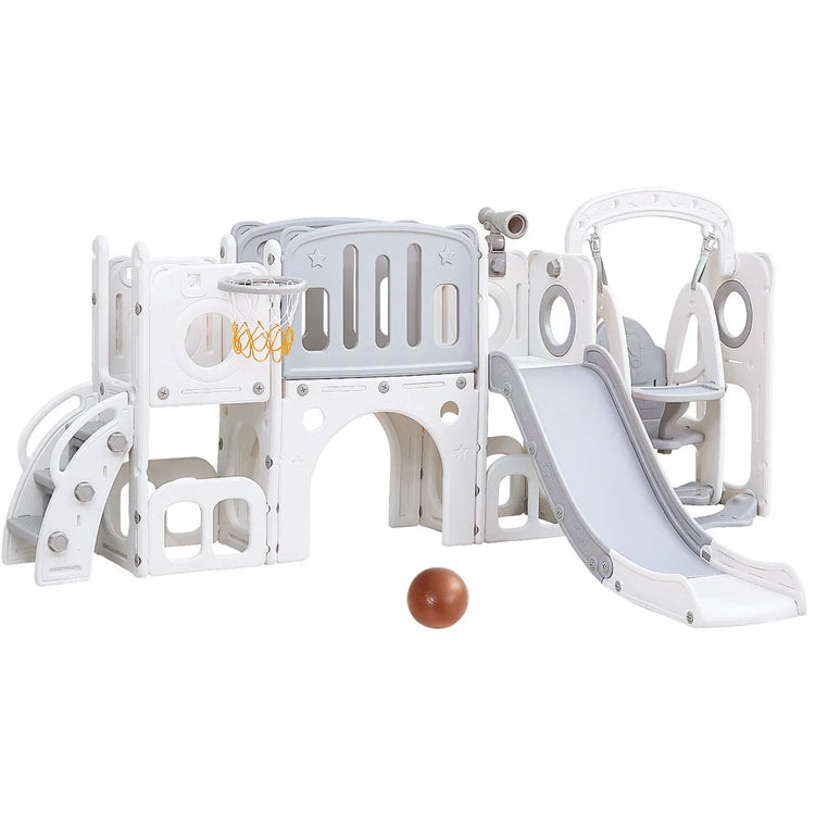 Keezi Kids Slide Swing Set Basketball Hoop Ring Football Outdoor Toys 132cm Grey
