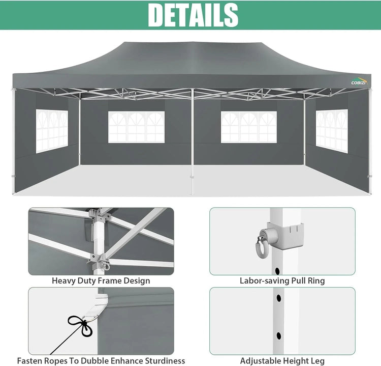Cobizi 10x20 Heavy Duty Pop up Canopy Tent with 6 Sidewalls Easy up Commercial Outdoor Canopy Wedding Party Tents