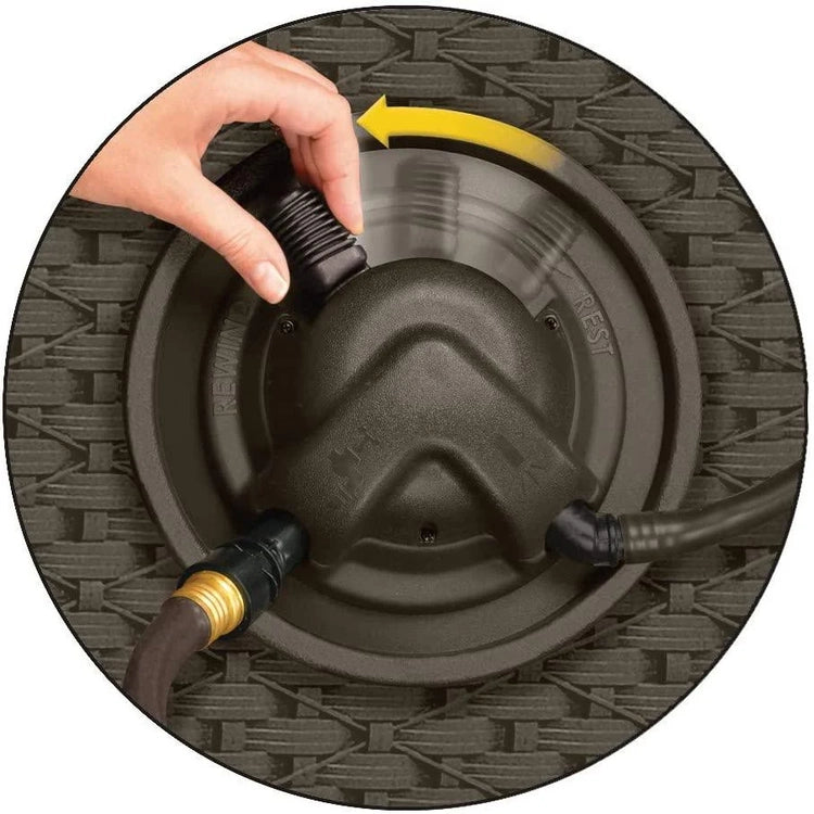 Suncast Aquawinder 125 Wicker Garden Hose Reel Lightweight Portable Hands Free Water Powered Retractable Hose Reel Java