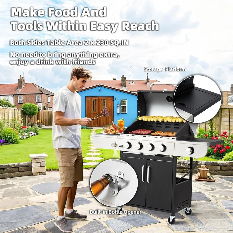 Upgraded 4 Burner BBQ Propane Gas Grill with Cast Iron Grates & Side Stove, 44,000 BTU Stainless Steel Burner Barbecue Grill for Patio, Camping