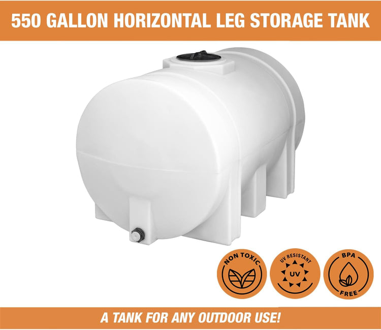 Horizontal Polyethylene Reservoir Water Tank with Legs, 550 Gallon, Made in the Usa, Poly Tank for Water and Non-Flammable Liquids