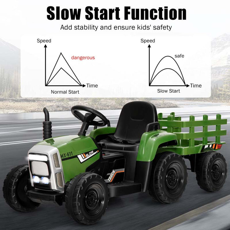 Kids Ride on Tractor W/Trailer 12V Battery Powered Electric Riding Toy Car Vehicle with 3-Gear-Shift Ground Loader