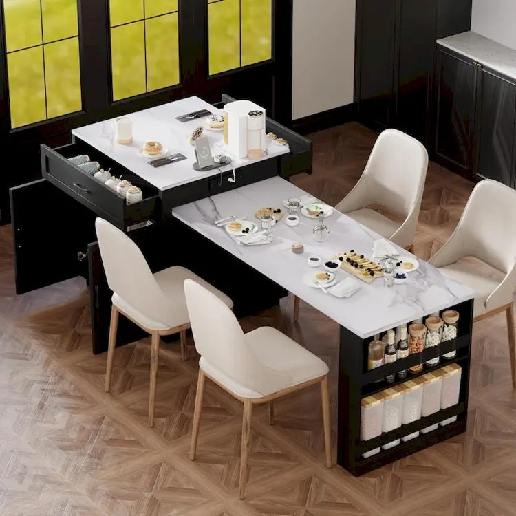82.7 Wooden 4-6 Person Kitchen Island with Extendable Dining Table and Double-Sized Storage