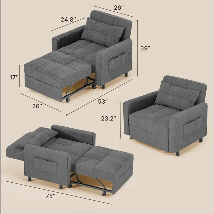 3-in-1 Pull-Out Sofa Bed Sleeper Chair, Convertible Adjustable Foldable Upholstered Lounge Couch