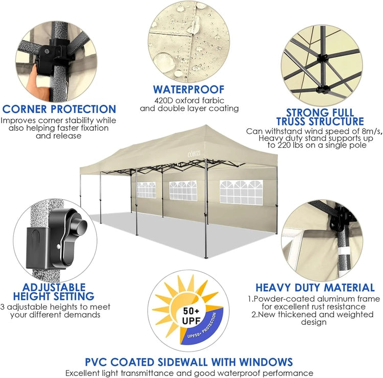 Cobizi 10x20 Heavy Duty Pop up Canopy Tent with 6 Sidewalls Easy up Commercial Outdoor Canopy Wedding Party Tents