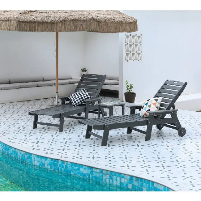 3-Piece Patio Set 2 Oversized Chaise Lounges (5-Position, Wheels, Cup Holder) + Side Table, All-Weather Wood Texture
