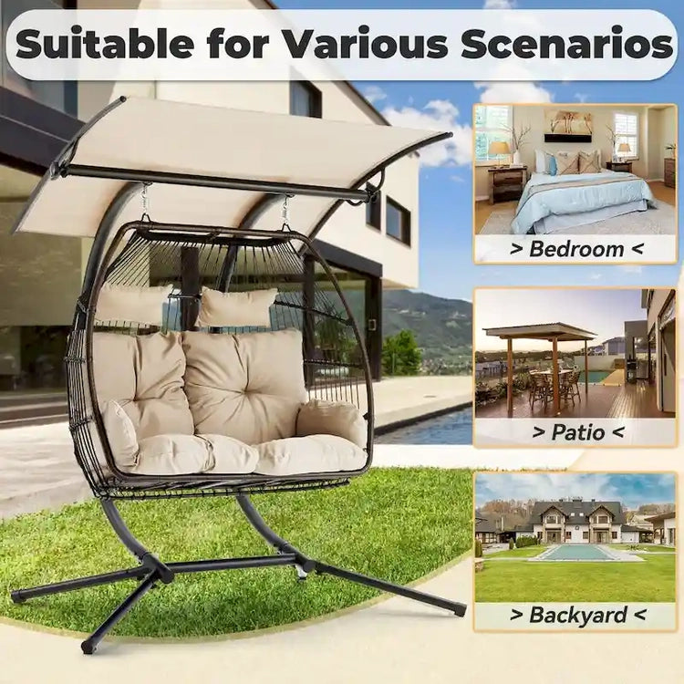 Outdoor Swing Loveseat with Stand, Foldable Hanging Chair, Hammock Cushion, and Awning, Double Egg Chair - Beige