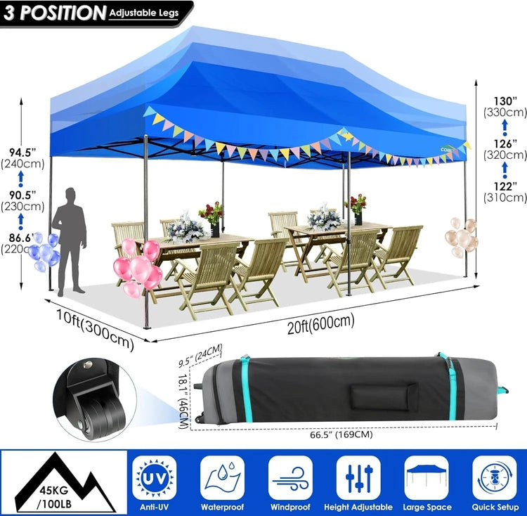 Cobizi 10x20 Heavy Duty Pop up Canopy Tent with 6 Sidewalls Easy up Commercial Outdoor Canopy Wedding Party Tents