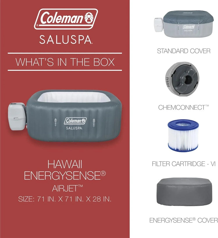 Coleman Saluspa Atlantis Airjet 4 to 6 Person Inflatable Hot Tub Square Portable Outdoor Spa with 140 Soothing Jets with Cover, Blue