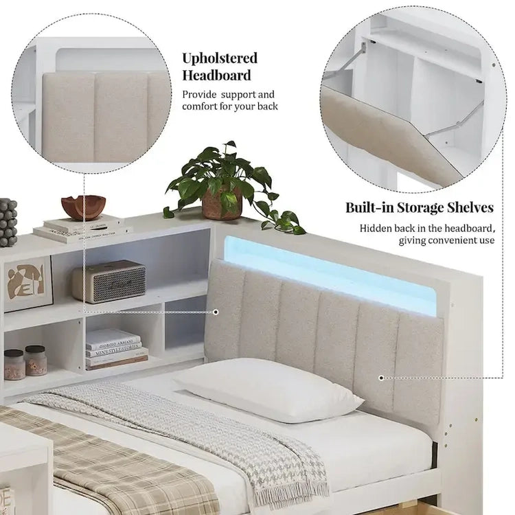 L-Shaped Wooden Sofa Daybed with Desk, Bookcase Cabinet, Corner Bed with Under-Bed Drawers, Upholstered Headboard Built-in Light