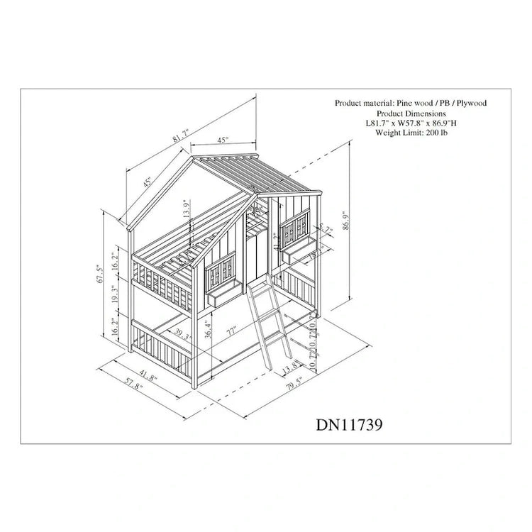 Twin Over House Bunk Bed with Roof, Window, Window Box, Door, with Safety Guardrails and Ladder, Grey