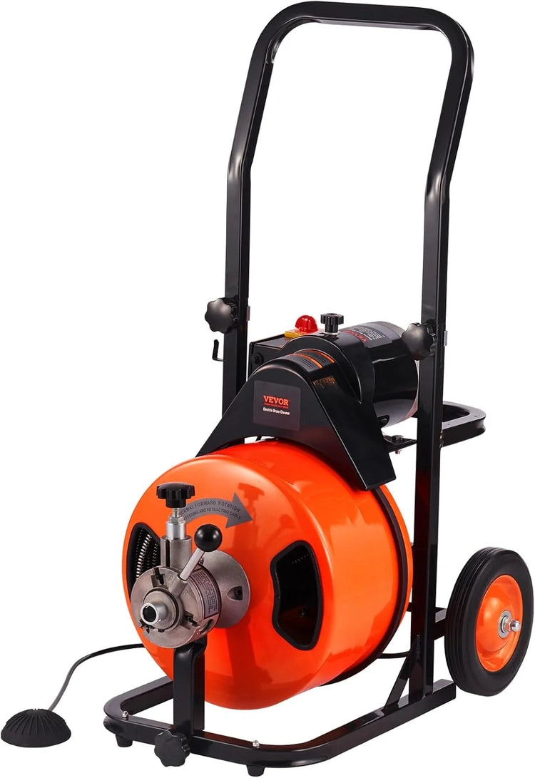 Drain Cleaner Machine 100FT X 1/2Inch, Auto Feed Sewer Snake Auger with 4 Cutter & Air-Activated Foot Switch for 1" to 4" Pipes, Orange, Black