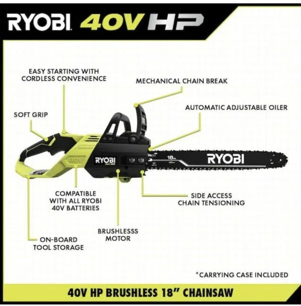 Ryobi 18'' 40V Cordless Chainsaw Kit with Battery & Charger, Green