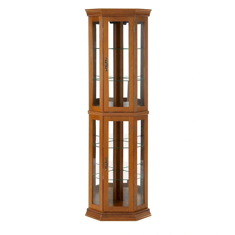 Corner Curio Cabinet with Lights, Adjustable Tempered Glass Shelves, Mirrored Back, Display Cabinet