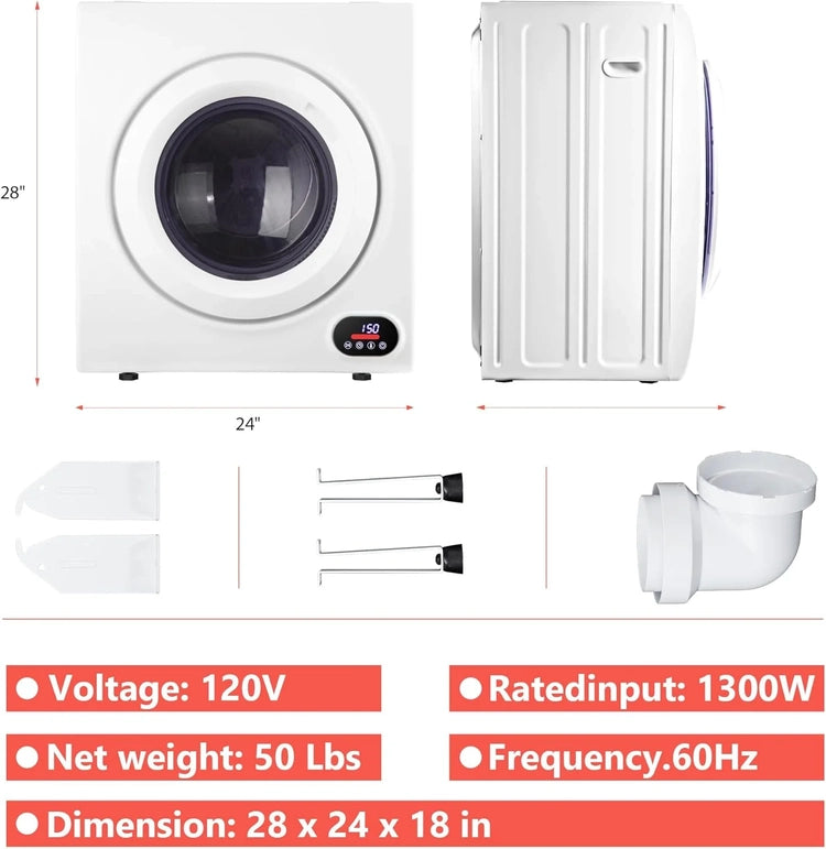 Compact Laundry Dryer, 3.5 Cu. Ft. Front Load Stainless Steel Clothes Dryers with Exhaust Pipe, 1500W
