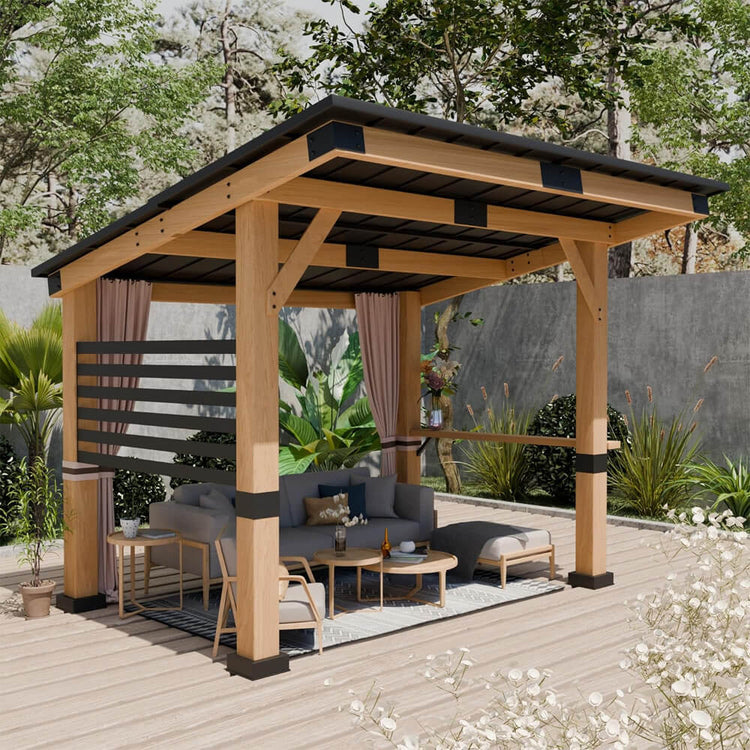 10x12FT Heavy Duty Outdoor All-Season Wooden Cedar Hardtop Gazebo with Metal Roof & Back Curtains (SAK57184)