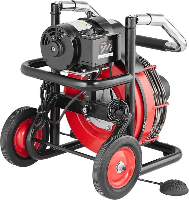 Drain Cleaner Machine 100FT X 1/2 Inch, Auto Feed Sewer Snake Auger on Wheels, 550W Portable Drain Cleaning Machine