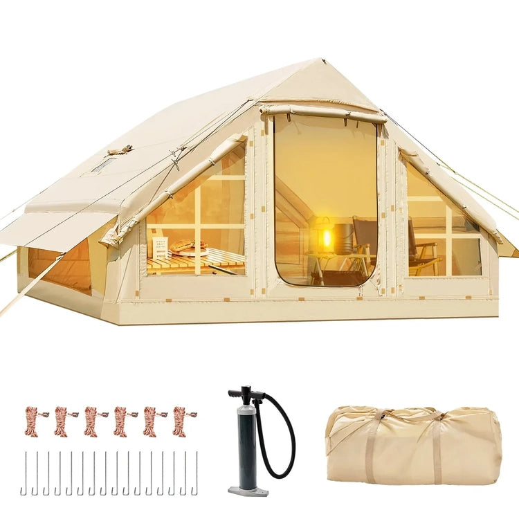 6 Person Inflatable Camping Tent with Pump, 10ft x7ft Glamping Family Tent Easy Setup 4 Season Waterproof Windproof Outdoor Blow up Tent Oxford