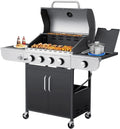 Upgraded 4 Burner BBQ Propane Gas Grill with Cast Iron Grates & Side Stove, 44,000 BTU Stainless Steel Burner Barbecue Grill for Patio, Camping