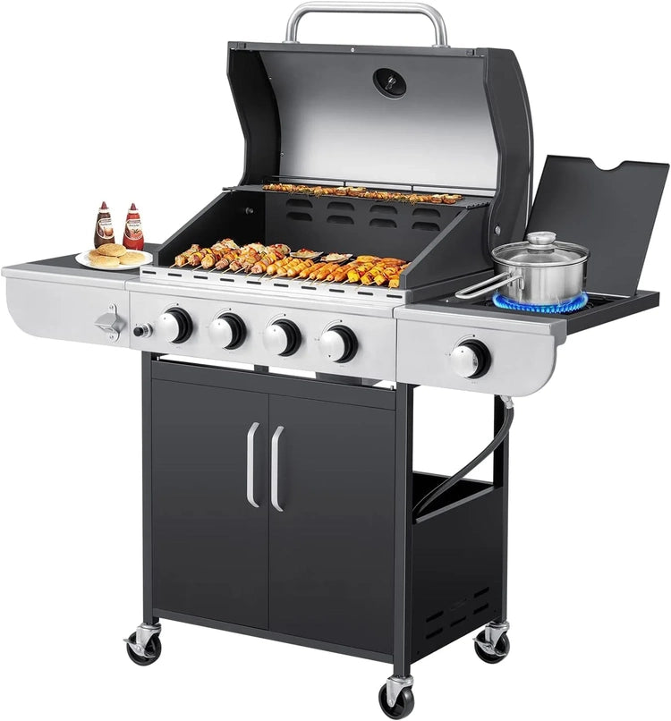 Upgraded 4 Burner BBQ Propane Gas Grill with Cast Iron Grates & Side Stove, 44,000 BTU Stainless Steel Burner Barbecue Grill for Patio, Camping